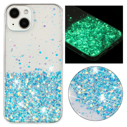 

For iPhone 15 Transparent Frame Noctilucent Glitter Powder TPU Phone Case(Blue)