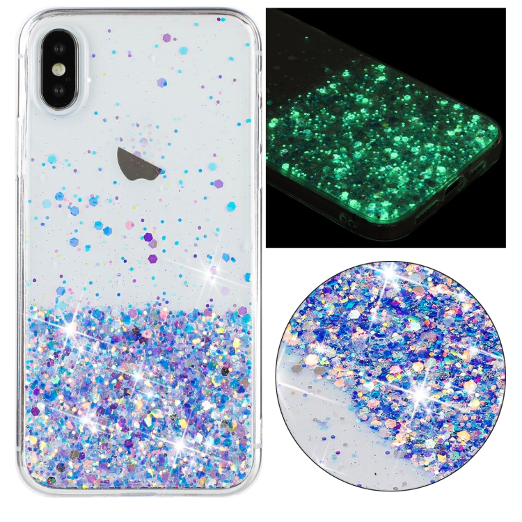 

For iPhone X Transparent Frame Noctilucent Glitter Powder TPU Phone Case(Purple)