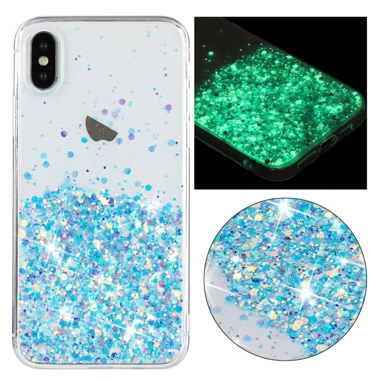 

For iPhone XS Max Transparent Frame Noctilucent Glitter Powder TPU Phone Case(Blue)
