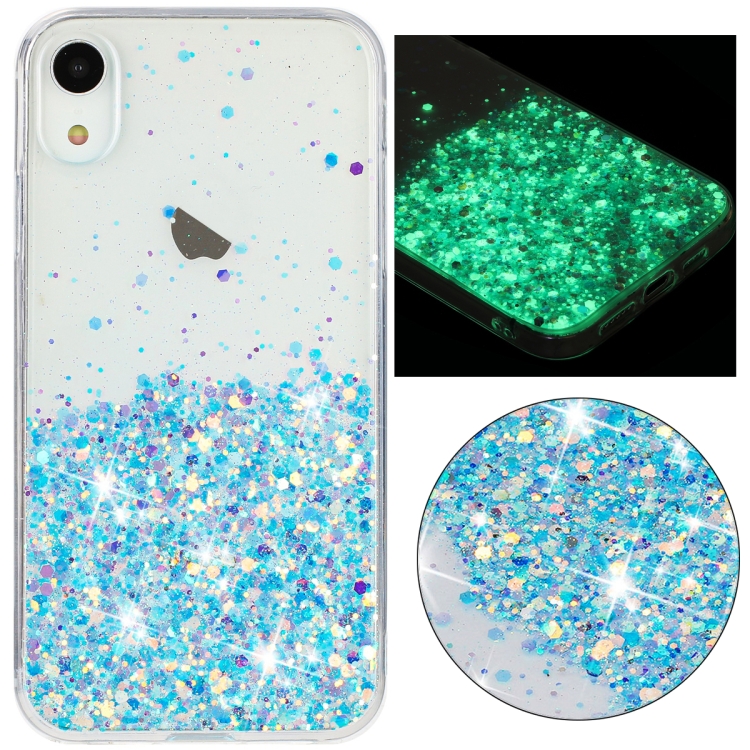 

For iPhone XR Transparent Frame Noctilucent Glitter Powder TPU Phone Case(Blue)