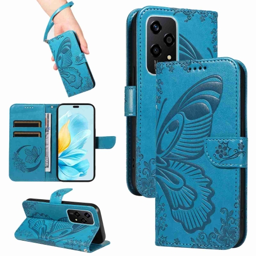 

For Honor 200 Lite Global Swallowtail Butterfly Embossed Leather Phone Case(Blue)