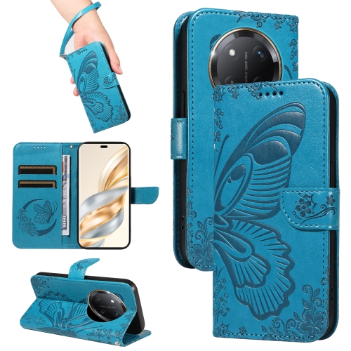 

For Honor X9C 5G Global Swallowtail Butterfly Embossed Leather Phone Case(Blue)