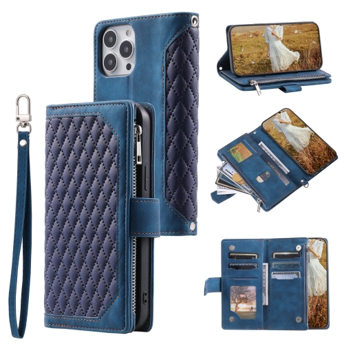 

For Xiaomi Redmi 13 4G Grid Texture Zipper Leather Phone Case with Lanyard(Blue)