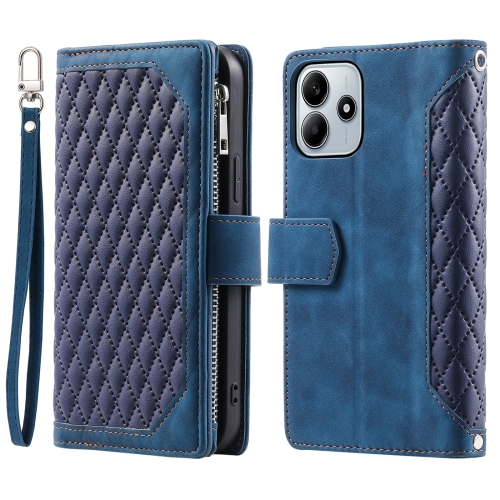 

For Xiaomi Redmi Note 14 5G Grid Texture Zipper Leather Phone Case with Lanyard(Blue)