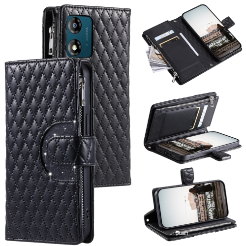 

For Motorola Moto E14 Glitter Lattice Zipper Wallet Leather Phone Case(Black)
