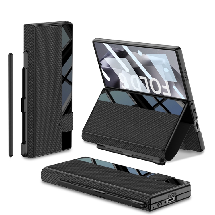 

For Samsung Galaxy Z Fold6 GKK Integrated Full Coverage Flip Phone Case with Pen Slot, Not Included Pen(Carbon Fibre Black)
