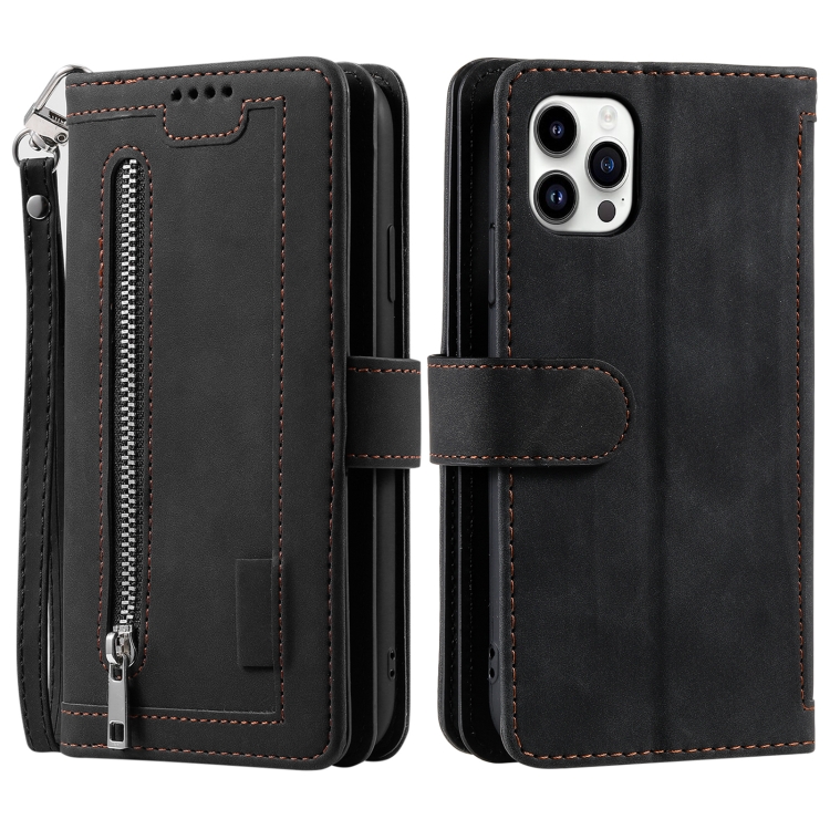 

For Xiaomi Redmi 13 4G Nine Card Zipper Bag Leather Phone Case with Lanyard(Black)