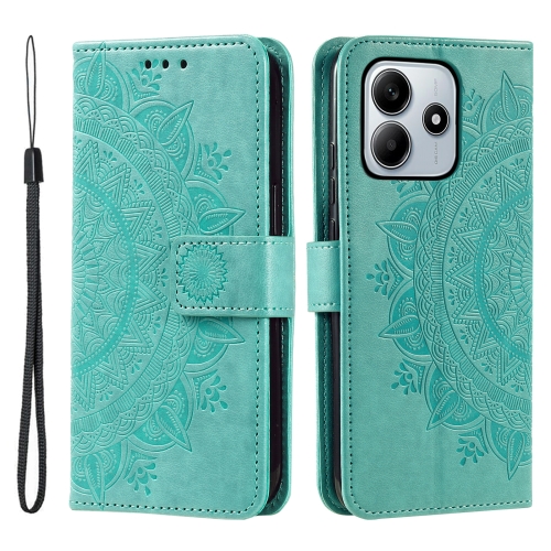 

For Xiaomi Redmi Note 14 5G Totem Flower Embossed Leather Phone Case with Lanyard(Green)