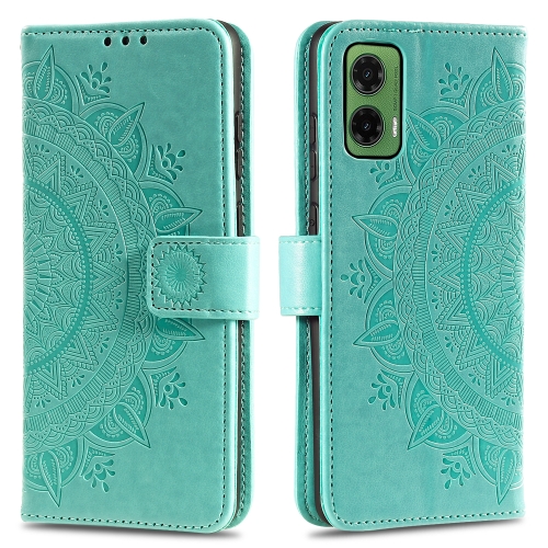 

For Motorola Moto G35 Totem Flower Embossed Leather Phone Case with Lanyard(Green)