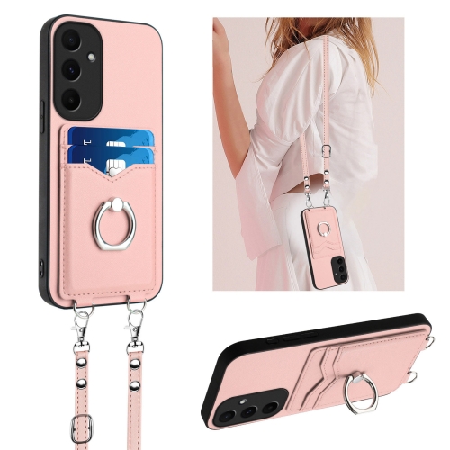 

For Samsung Galaxy A55 5G R20 Crossbody Rope Ring Card Holder Phone Case(Pink)