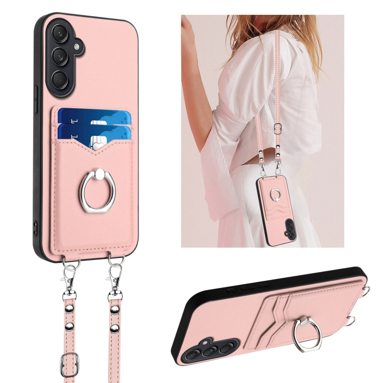 

For Samsung Galaxy M55 / C55 5G R20 Crossbody Rope Ring Card Holder Phone Case(Pink)
