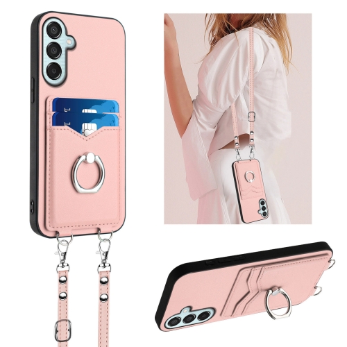 

For Samsung Galaxy F15 / M15 R20 Crossbody Rope Ring Card Holder Phone Case(Pink)