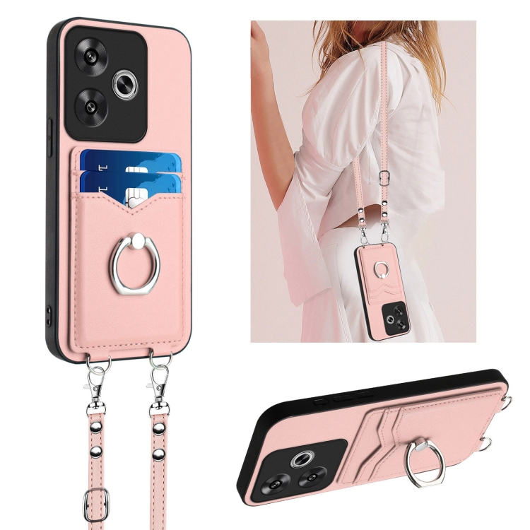 

For Xiaomi Redmi Turbo 3 R20 Crossbody Rope Ring Card Holder Phone Case(Pink)