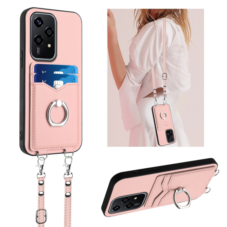 

For Honor 200 Lite Global R20 Crossbody Rope Ring Card Holder Phone Case(Pink)