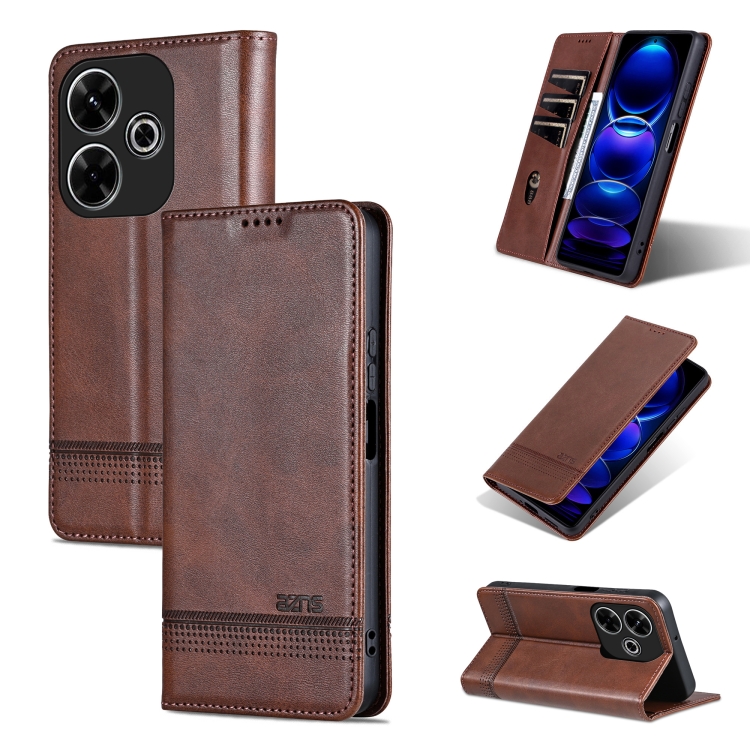

For Xiaomi Redmi 13 4G Global AZNS Magnetic Calf Texture Flip Leather Phone Case(Dark Brown)