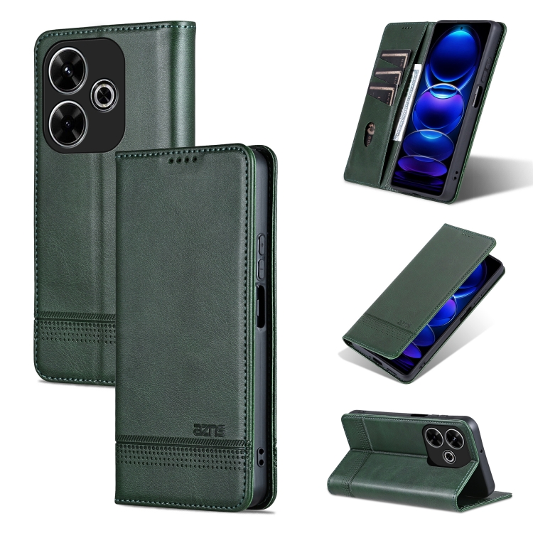 

For Xiaomi Redmi Note 13R AZNS Magnetic Calf Texture Flip Leather Phone Case(Dark Green)