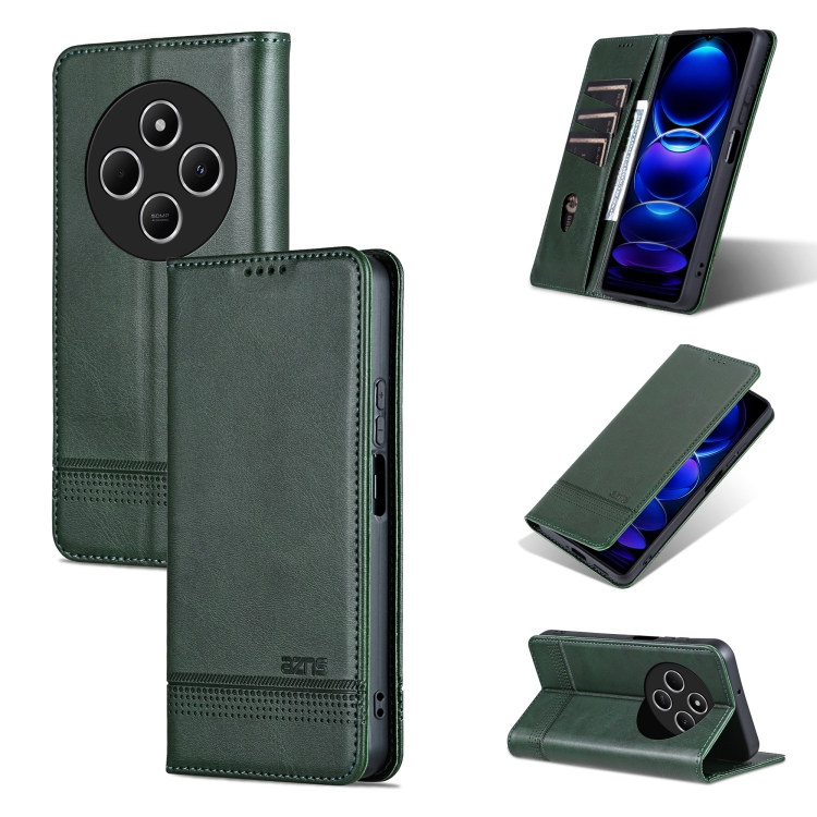 

For Redmi 14C 4G AZNS Magnetic Calf Texture Flip Leather Phone Case(Dark Green)