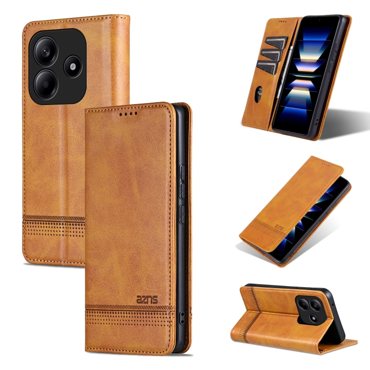 

For Redmi Note 14 5G AZNS Magnetic Calf Texture Flip Leather Phone Case(Light Brown)