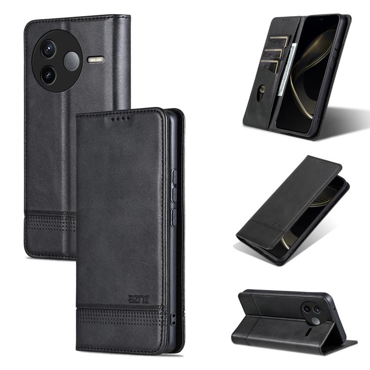 

For Redmi K80 AZNS Magnetic Calf Texture Flip Leather Phone Case(Black)