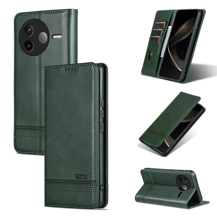 

For Redmi K80 AZNS Magnetic Calf Texture Flip Leather Phone Case(Dark Green)