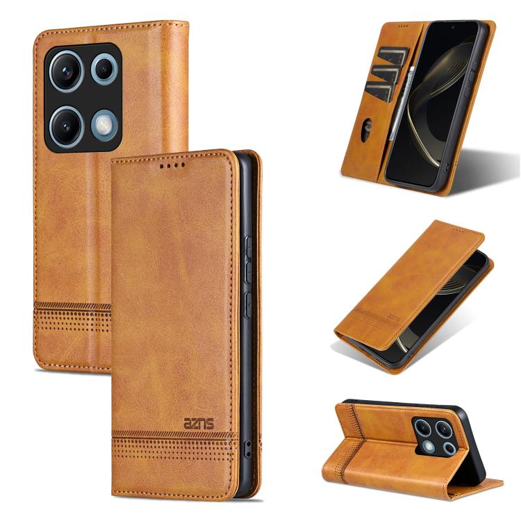 

For Redmi Note 14S 4G AZNS Magnetic Calf Texture Flip Leather Phone Case(Light Brown)