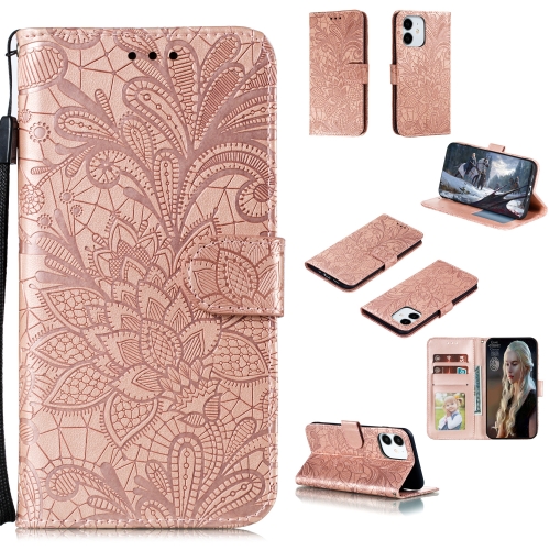 

For iPhone 12 mini Lace Flower Horizontal Flip Leather Case with Holder & Card Slots & Wallet & Photo Frame(Rose Gold)