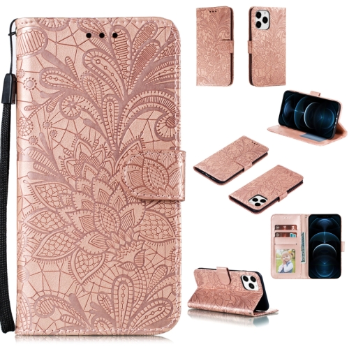 

For iPhone 12 Pro Max Lace Flower Horizontal Flip Leather Case with Holder & Card Slots & Wallet & Photo Frame(Rose Gold)