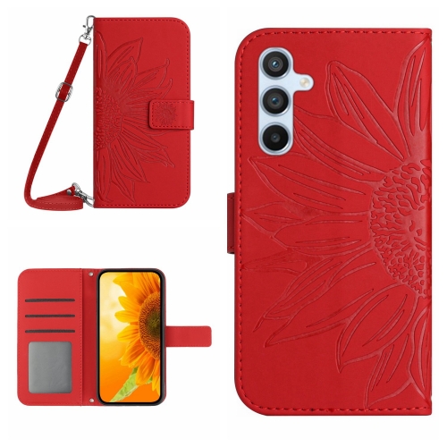 

For Samsung Galaxy S25 5G Skin Feel Sun Flower Embossed Flip Leather Phone Case with Lanyard(Red)