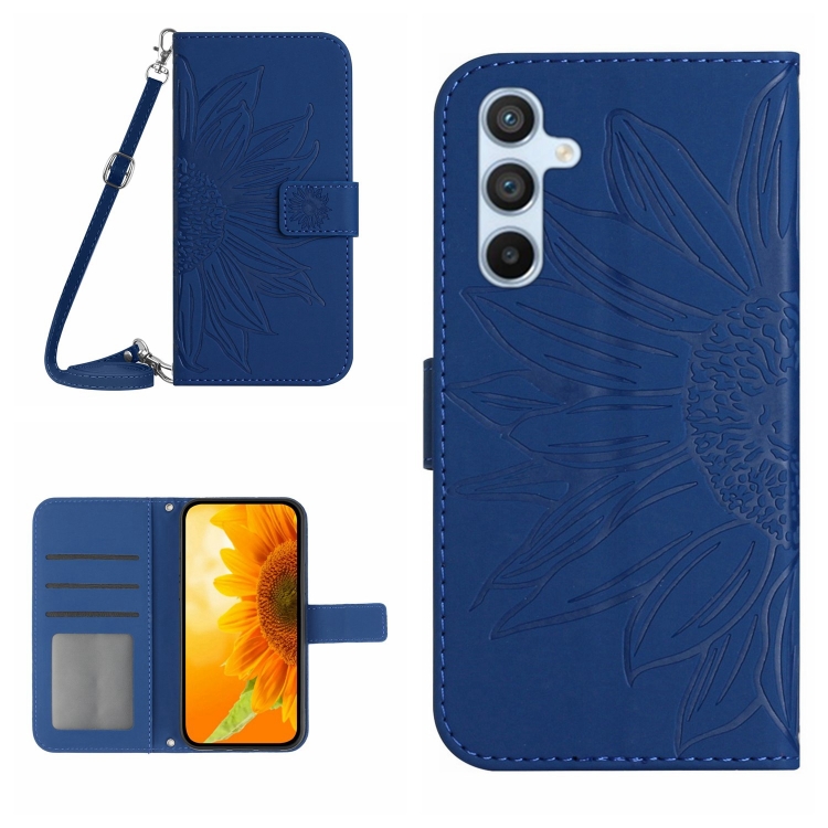 

For Samsung Galaxy S25 5G Skin Feel Sun Flower Embossed Flip Leather Phone Case with Lanyard(Dark Blue)