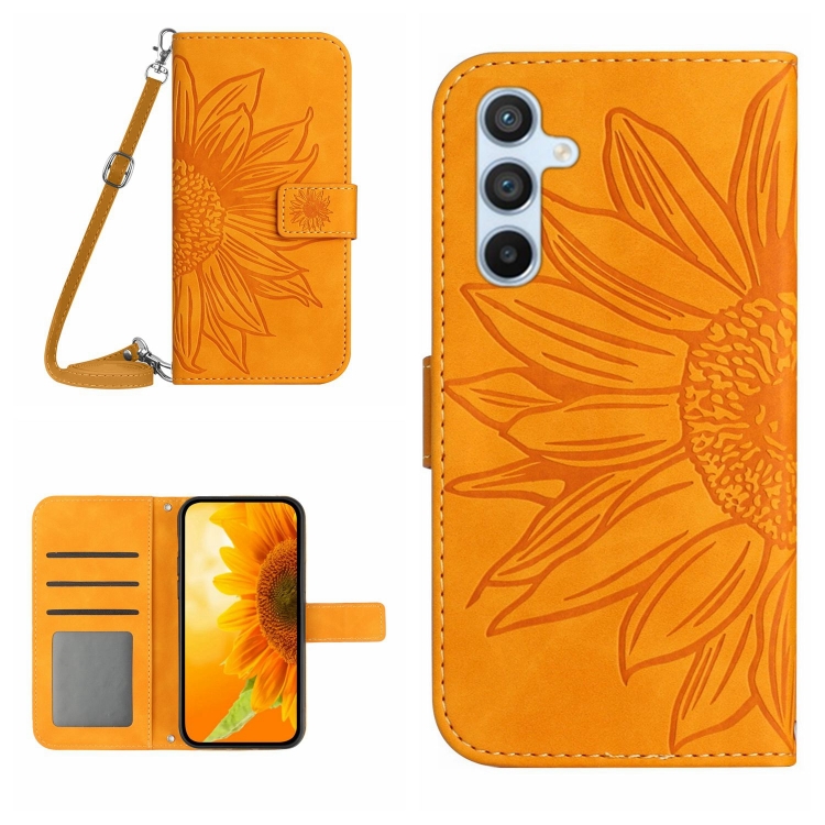 

For Samsung Galaxy S25 5G Skin Feel Sun Flower Embossed Flip Leather Phone Case with Lanyard(Yellow)