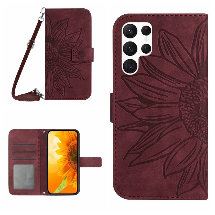 

For Samsung Galaxy S25 Ultra 5G Skin Feel Sun Flower Embossed Flip Leather Phone Case with Lanyard(Wine Red)