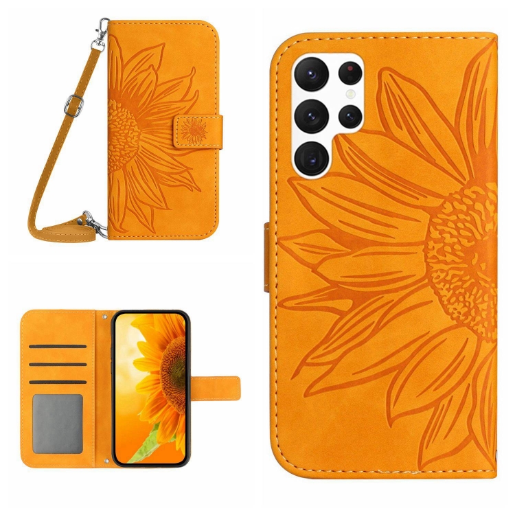 

For Samsung Galaxy S25 Ultra 5G Skin Feel Sun Flower Embossed Flip Leather Phone Case with Lanyard(Yellow)