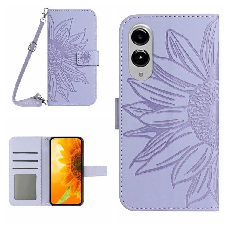 

For Samsung Galaxy S25 Edge 5G Skin Feel Sun Flower Embossed Flip Leather Phone Case with Lanyard(Purple)