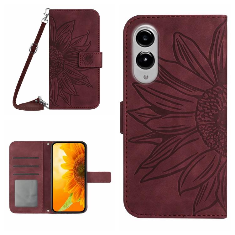 

For Samsung Galaxy S25 Edge 5G Skin Feel Sun Flower Embossed Flip Leather Phone Case with Lanyard(Wine Red)