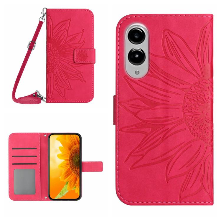 

For Samsung Galaxy S25 Edge 5G Skin Feel Sun Flower Embossed Flip Leather Phone Case with Lanyard(Rose Red)