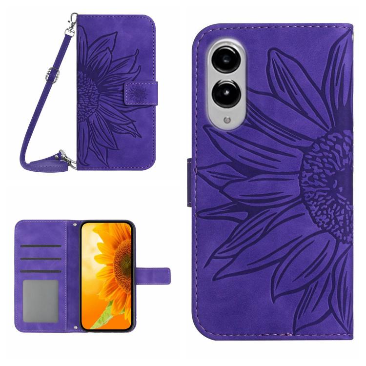 

For Samsung Galaxy S25 Edge 5G Skin Feel Sun Flower Embossed Flip Leather Phone Case with Lanyard(Dark Purple)