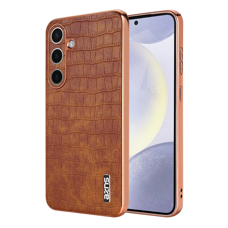 

For Samsung Galaxy S25+ 5G AZNS Electroplated Frame Crocodile Texture Full Coverage Phone Case(Brown)
