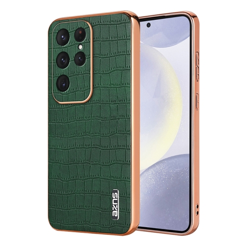 

For Samsung Galaxy S25 Ultra 5G AZNS Electroplated Frame Crocodile Texture Full Coverage Phone Case(Green)