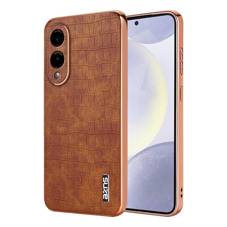 

For Samsung Galaxy S25 Edge 5G AZNS Electroplated Frame Crocodile Texture Full Coverage Phone Case(Brown)