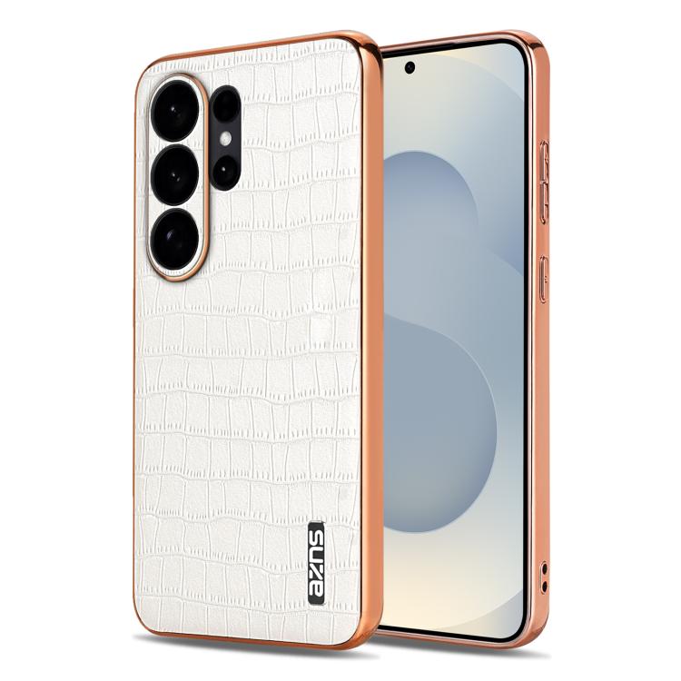 

For Samsung Galaxy S26 Ultra 5G AZNS Electroplated Frame Crocodile Texture Full Coverage Phone Case(White)