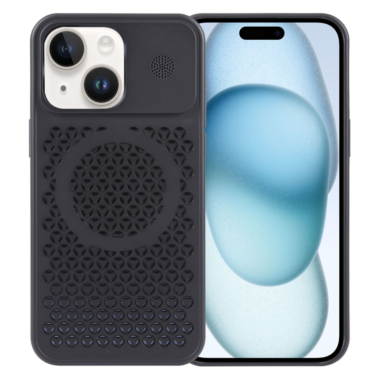 

For iPhone 15 Pure Color Honeycomb Aromatherapy MagSafe Phone Case(Black)