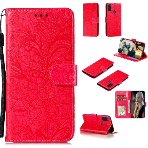 

For Samsung Galaxy M51 Lace Flower Horizontal Flip Leather Case with Holder & Card Slots & Wallet & Photo Frame(Red)