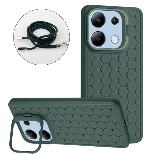 

For Xiaomi Redmi Note 13 4G Honeycomb Radiating Holder TPU Phone Case with Lanyard(Green)