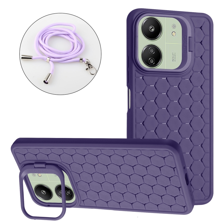 

For Xiaomi Redmi 13C Honeycomb Radiating Holder TPU Phone Case with Lanyard(Purple)