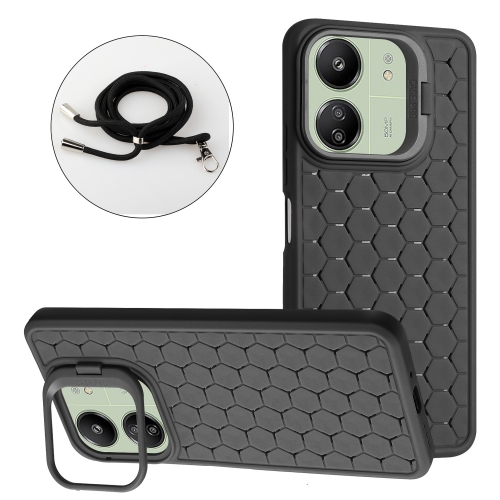 

For Xiaomi Redmi 13C Honeycomb Radiating Holder TPU Phone Case with Lanyard(Black)