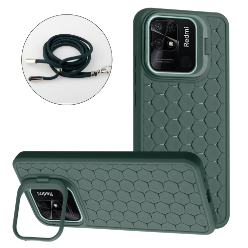 

For Xiaomi Redmi 10C Honeycomb Radiating Holder TPU Phone Case with Lanyard(Green)