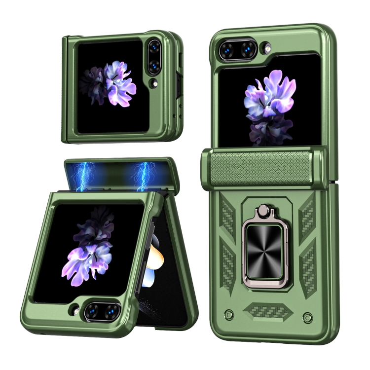 

For Samsung Galaxy Z Flip6 / Flip7 FE Sliding Window Hinge Phone Case with Ring Stand(Green)