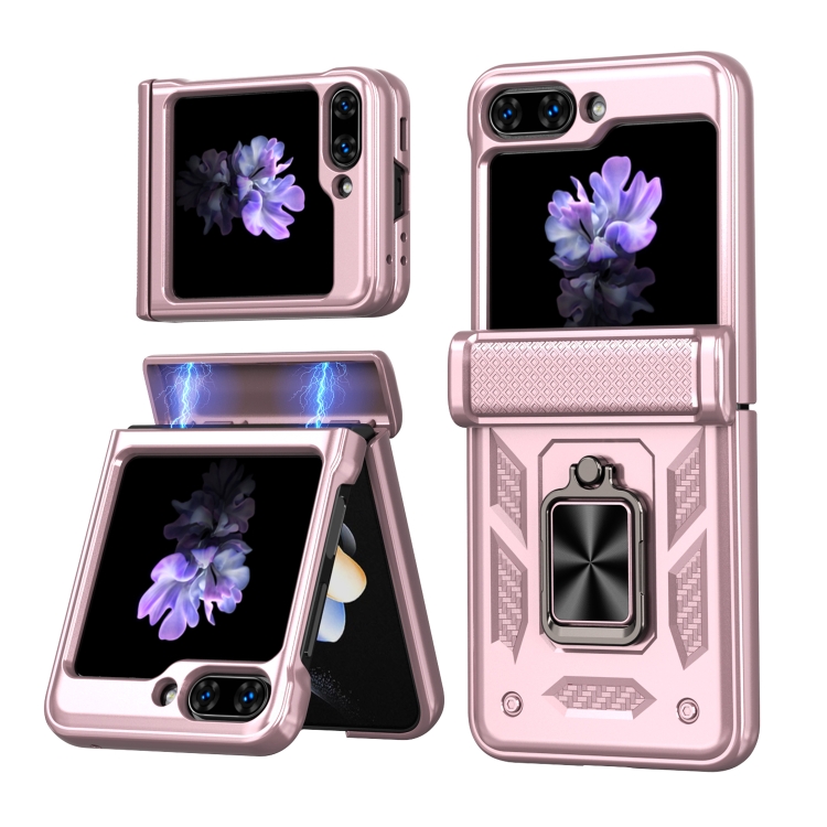 

For Samsung Galaxy Z Flip6 / Flip7 FE Sliding Window Hinge Phone Case with Ring Stand(Rose Gold)