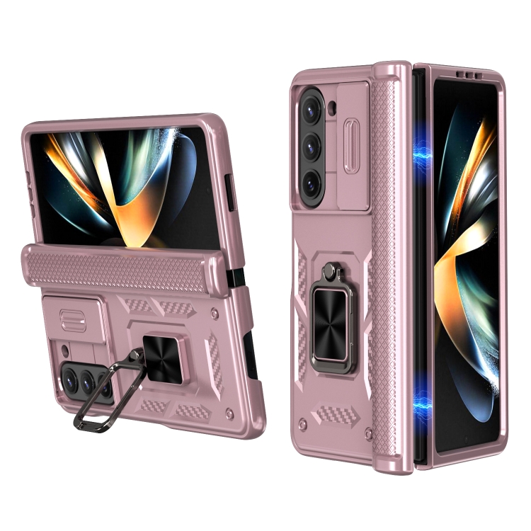 

For Samsung Galaxy Z Fold6 5G Sliding Window Hinge Phone Case with Ring Stand(Rose Gold)