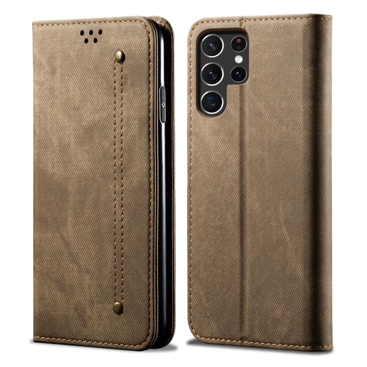 For Samsung Galaxy S26 Ultra 5G Denim Texture Casual Style Horizontal Flip Leather Case(Khaki)